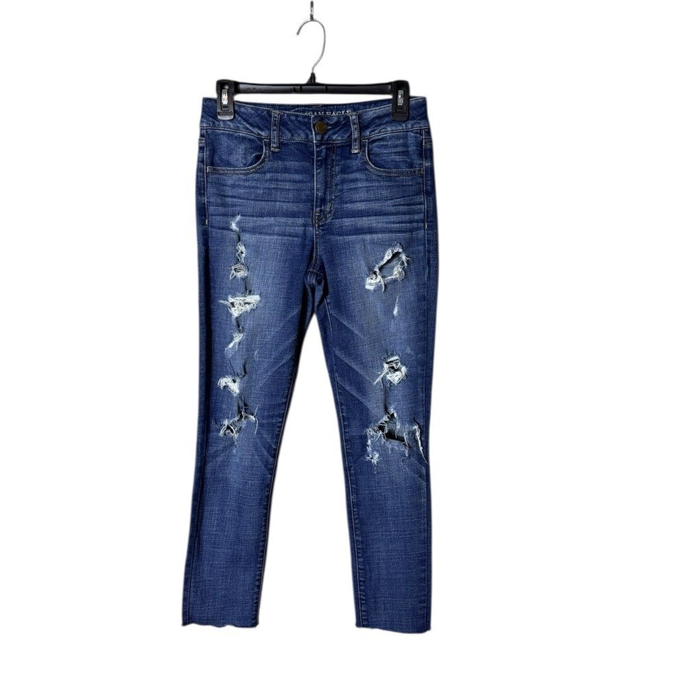 Vintage Y2K American‎ Eagle Hi Rise Jeggings Jeans Size 4 Dark Wash Distressed